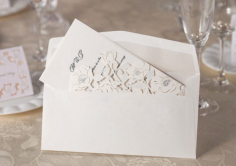 White Hollow Flora Laser Cut Invitation for Wedding Bridal Shower - DorisHome