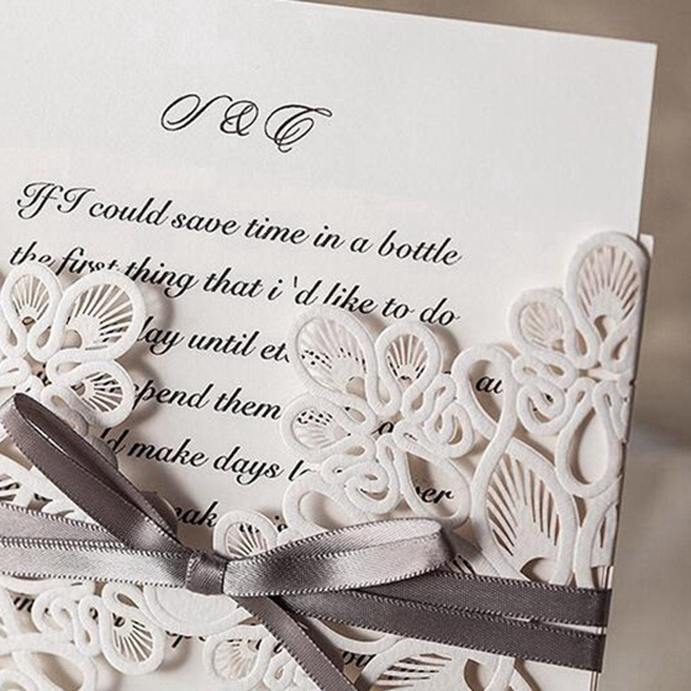 White Laser Cut with Grey Bowknot wedding invitation,Invitations - DorisHome