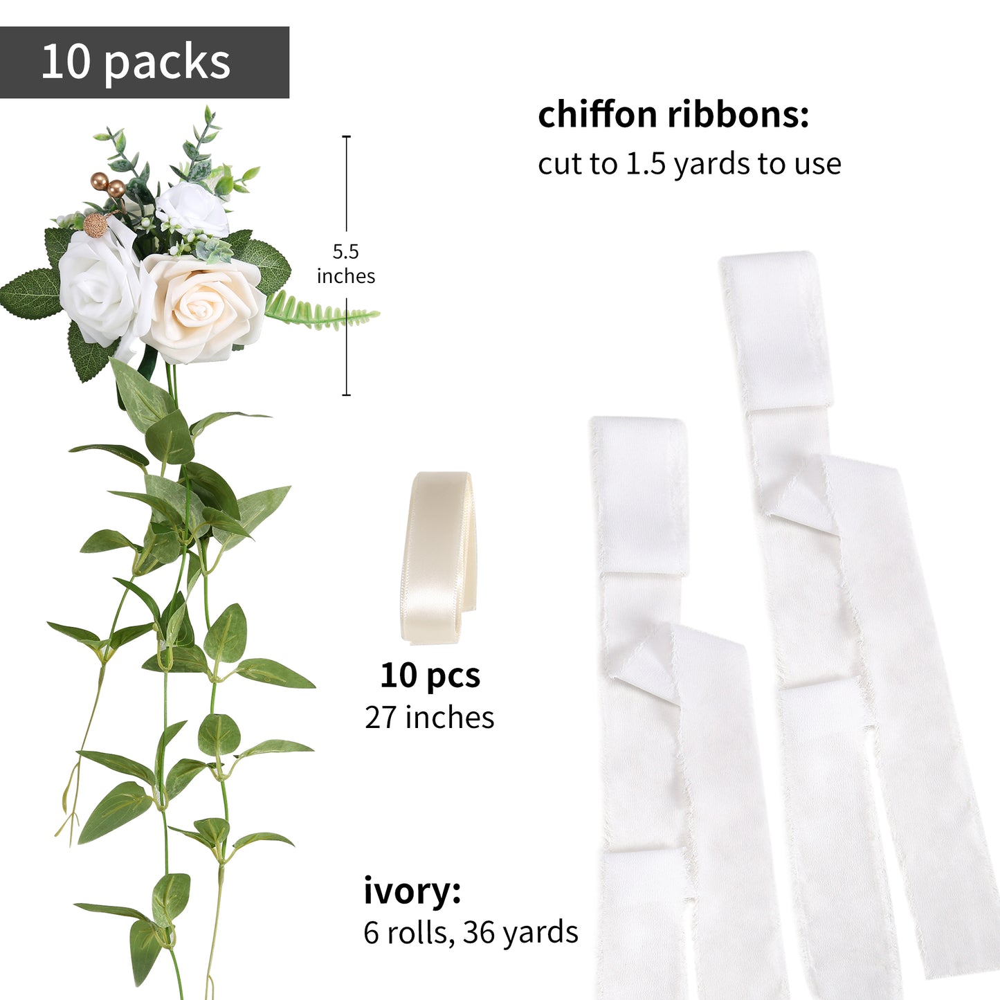 Wedding Aisle Decorations White Pew Flowers Set of 10 for Wedding Ceremony Party Chair Decor with Artificial Flowers Eucalyptus and Ribbons