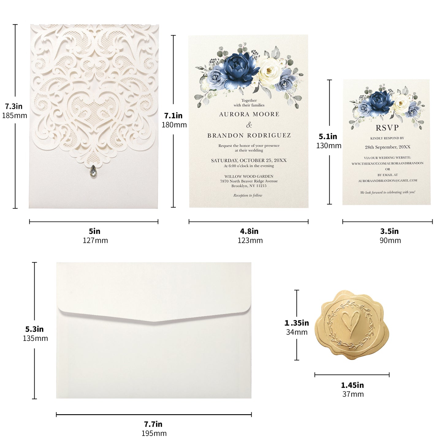 Vertical Blue Floral Laser cut invitations for Wedding Anniversary