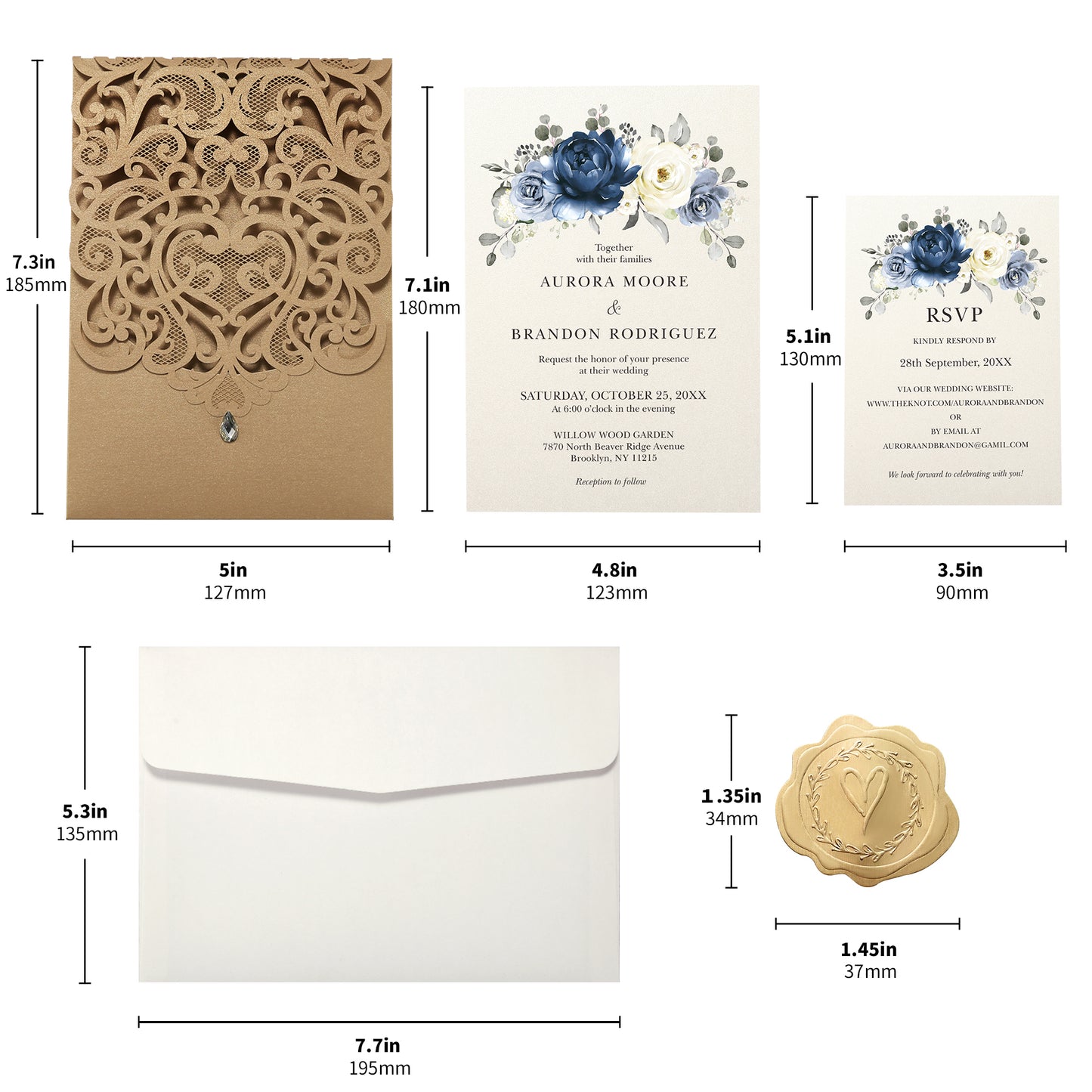 Vertical Blue Floral Laser cut invitations for Wedding Anniversary