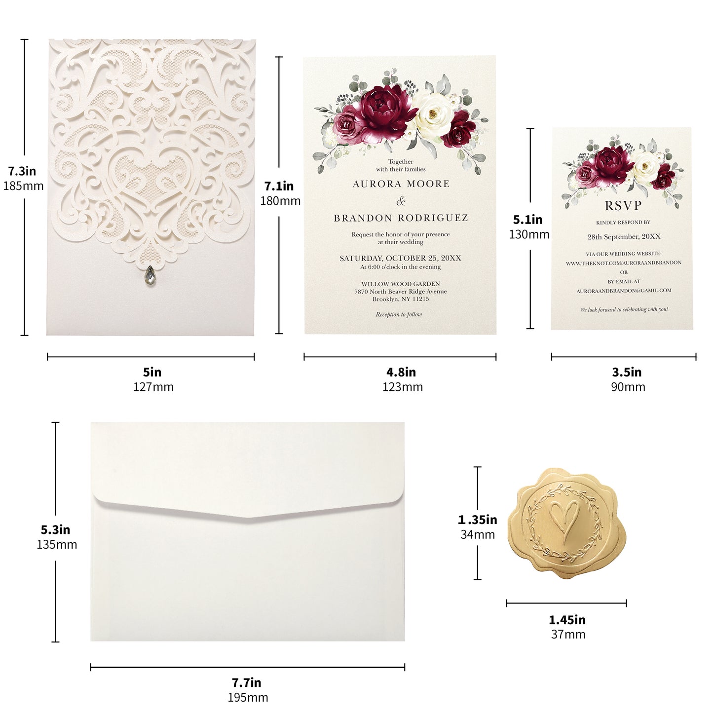 Vertical Burgundy Floral Laser cut invitations for Wedding Anniversary