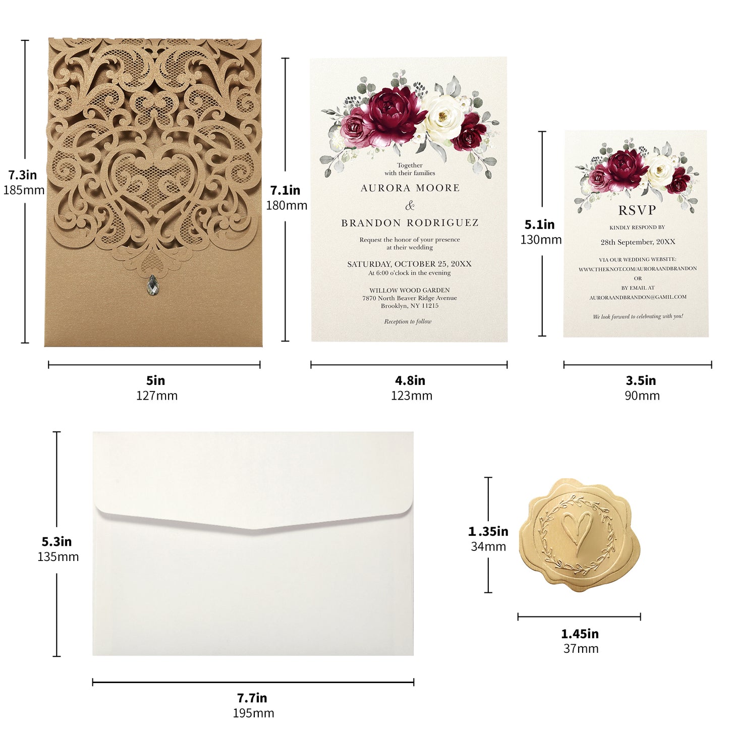 Vertical Burgundy Floral Laser cut invitations for Wedding Anniversary