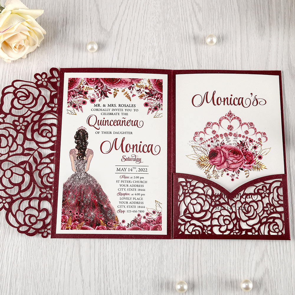4.7 x7 inch Burgundy Laser Cut Hollow Rose Wedding Invitations Cards with Pearlized Pockets and Envelopes for Wedding Bridal Shower - DorisHome