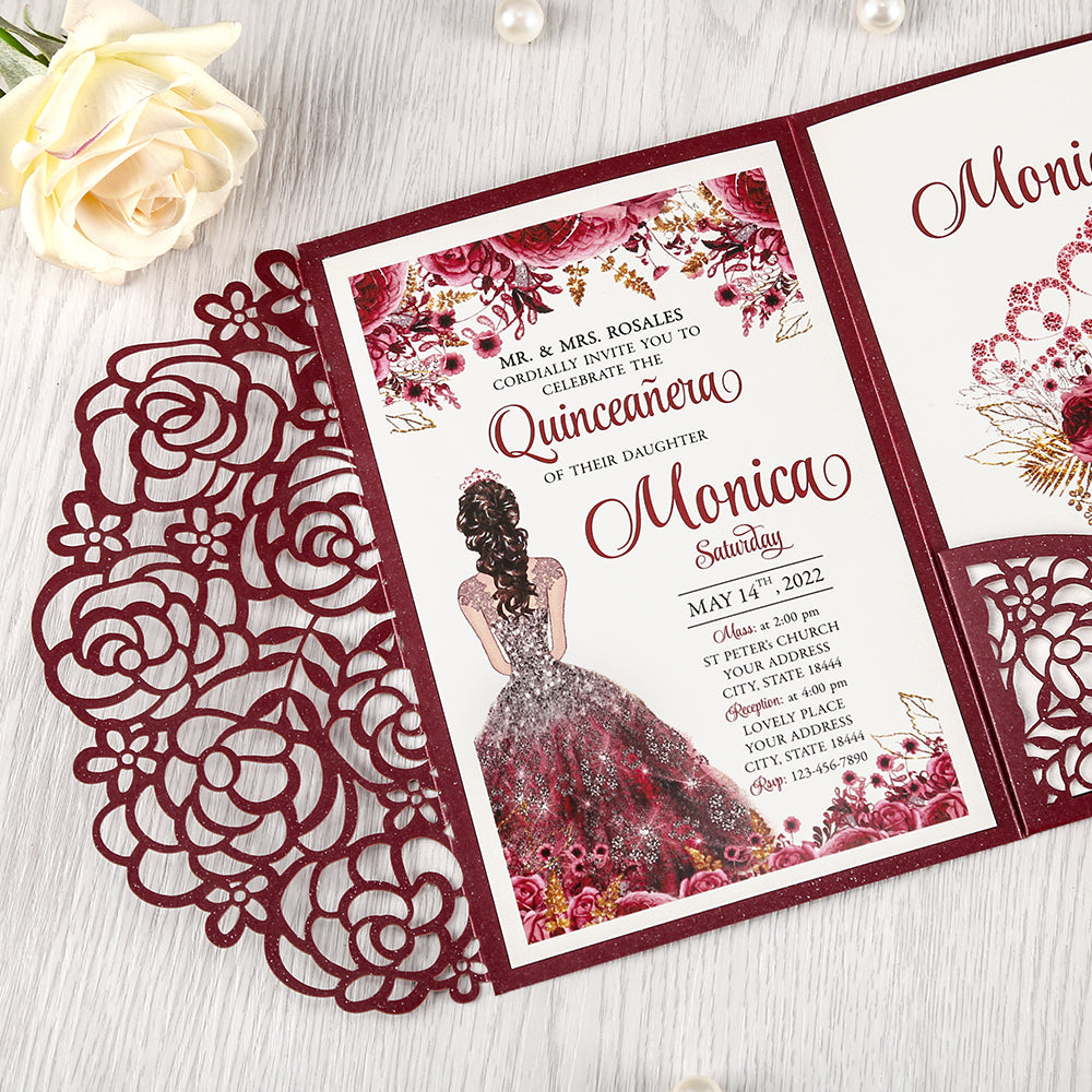 4.7 x7 inch Burgundy Laser Cut Hollow Rose Wedding Invitations Cards with Pearlized Pockets and Envelopes for Wedding Bridal Shower - DorisHome