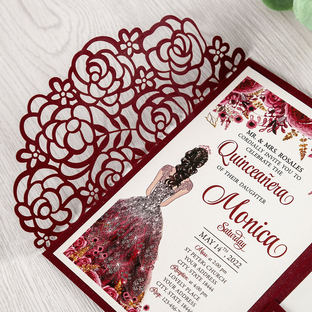 4.7 x7 inch Burgundy Laser Cut Hollow Rose Wedding Invitations Cards with Pearlized Pockets and Envelopes for Wedding Bridal Shower - DorisHome