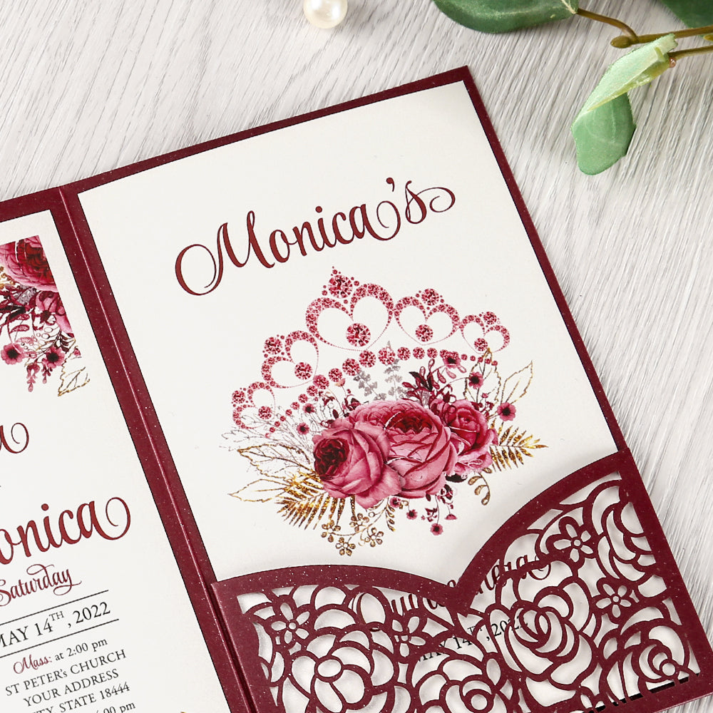 4.7 x7 inch Burgundy Laser Cut Hollow Rose Wedding Invitations Cards with Pearlized Pockets and Envelopes for Wedding Bridal Shower - DorisHome