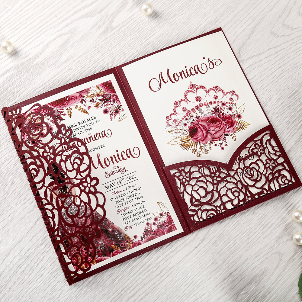 4.7 x7 inch Burgundy Laser Cut Hollow Rose Wedding Invitations Cards with Pearlized Pockets and Envelopes for Wedding Bridal Shower - DorisHome