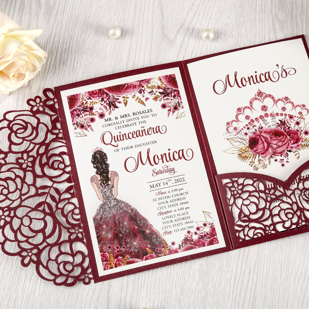 4.7 x7 inch Burgundy Laser Cut Hollow Rose Wedding Invitations Cards with Pearlized Pockets and Envelopes for Wedding Bridal Shower - DorisHome