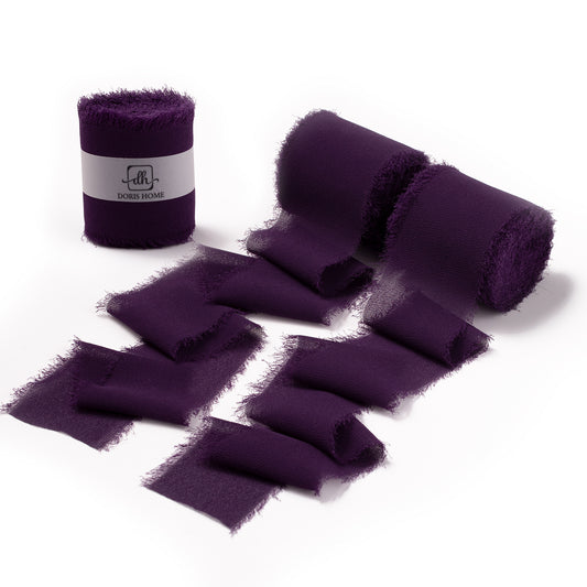 Handmade Fringe Chiffon Silk-Like Ribbon 2" x 7Yd Set of 3 Rolls Ribbons for Wedding Invitations, Bouquets, Gift Wrapping (3 Rolls Plum)
