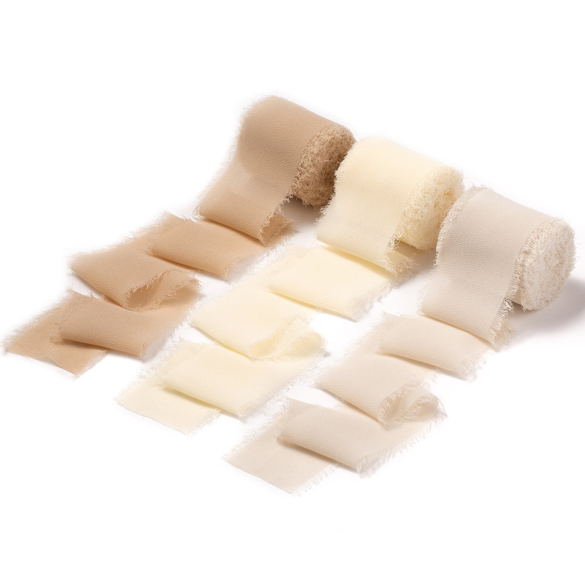 Handmade Fringe Chiffon Silk-Like Ribbon 2" x 7Yd Set of 3 Rolls Ribbons for Wedding Invitations, Bouquets, Gift Wrapping (3 Rolls Nude/Cream/Sand Color)