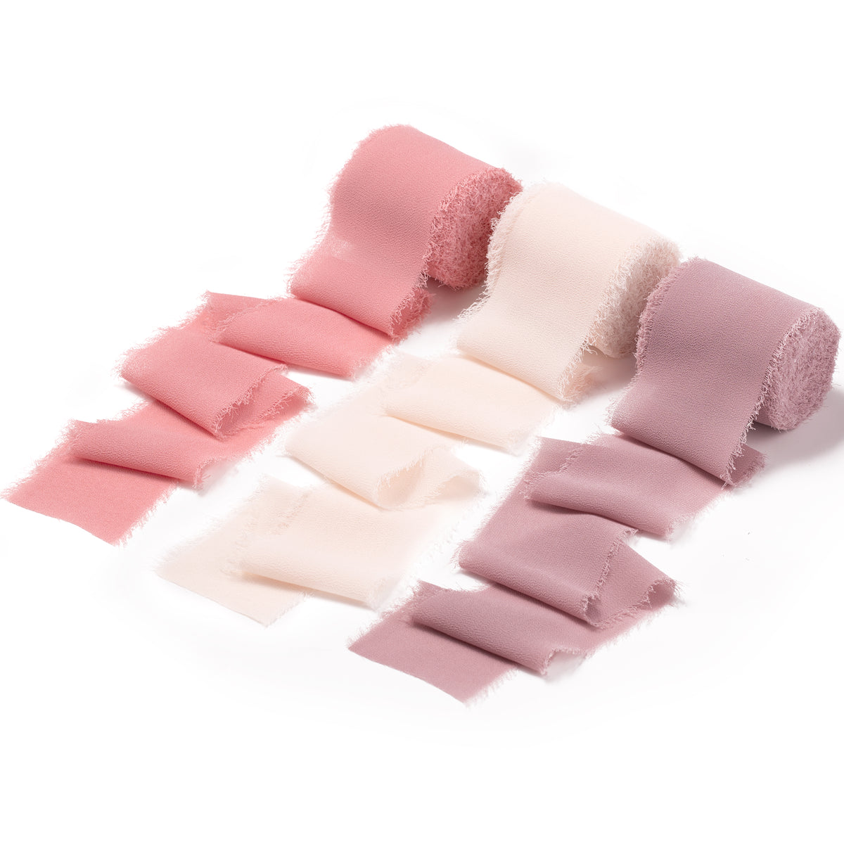 Handmade Fringe Chiffon Silk-Like Ribbon 2" x 7Yd Set of 3 Rolls Ribbons for Wedding Invitations, Bouquets, Gift Wrapping (3 Rolls Dusty Rose/Mauve/Pink)