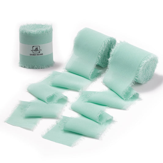 DORIS HOME Handmade Fringe Chiffon Silk-Like Ribbon 2" x 7Yd Set of 3 Rolls Ribbons for Wedding Invitations, Bouquets, Gift Wrapping (3 Rolls Mint Green)