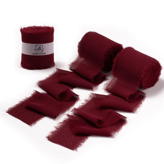 Handmade Fringe Chiffon Silk-Like Ribbon 2" x 7Yd Set of 3 Rolls Ribbons for Wedding Invitations, Bouquets, Gift Wrapping (3 Rolls Burgundy)