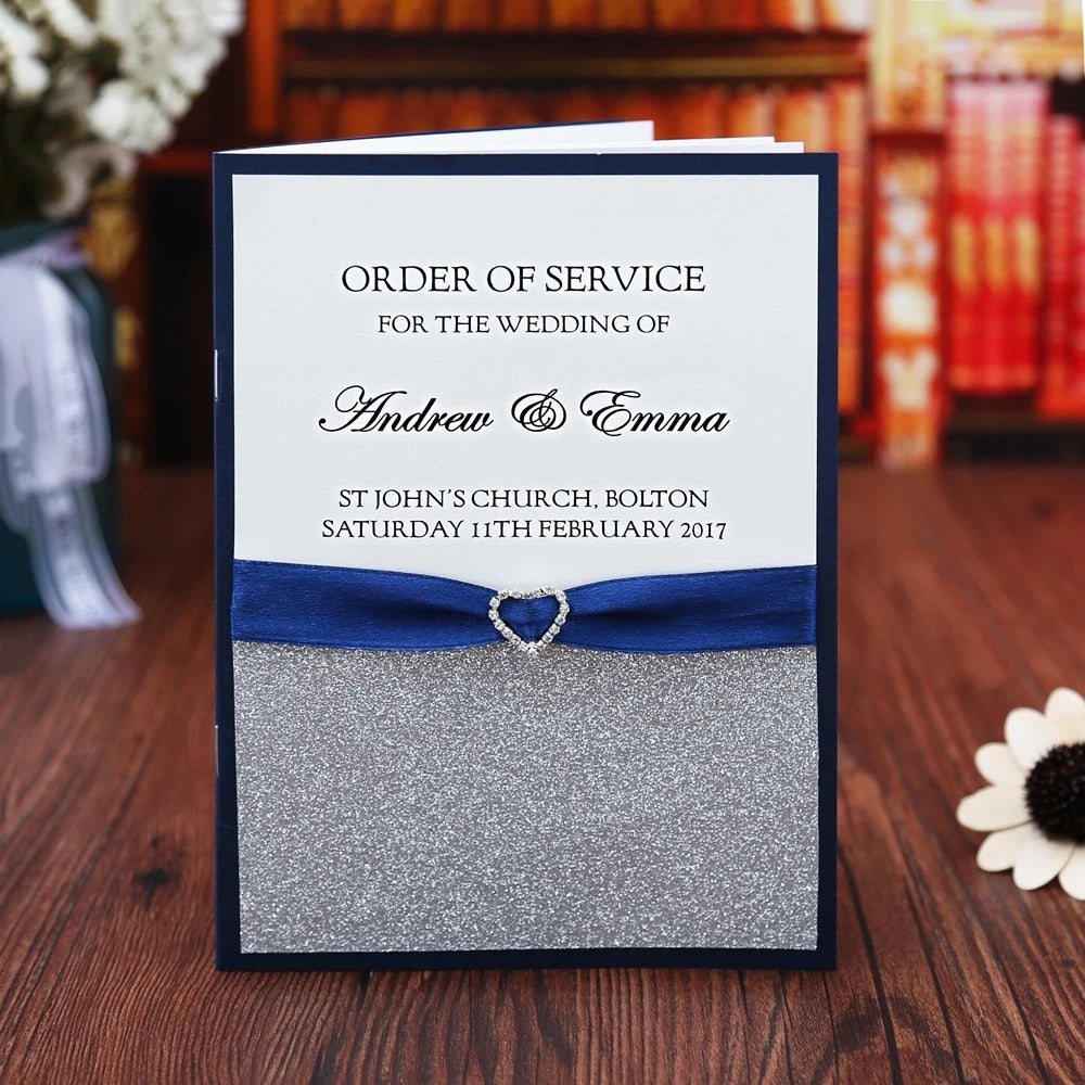 DreamBuilt 50pcs Blue Silver glitter wedding program booklet modern wedding stationery ceremony program modern Order of Service