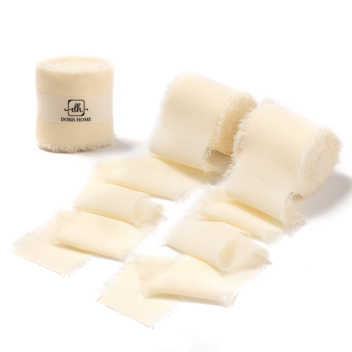 Handmade Fringe Chiffon Silk-Like Ribbon 2" x 7Yd Set of 3 Rolls Ribbons for Wedding Invitations, Bouquets, Gift Wrapping (3 Rolls Cream)