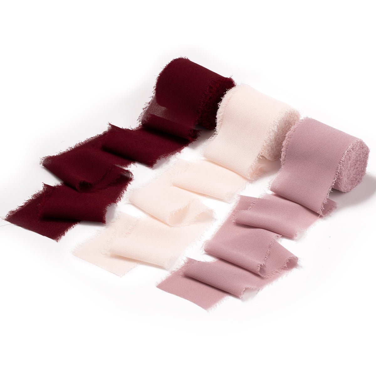 Handmade Fringe Chiffon Silk-Like Ribbon 2" x 7Yd Set of 3 Rolls Ribbons for Wedding Invitations, Bouquets, Gift Wrapping (3 Rolls Burgundy/Mauve/Pink)