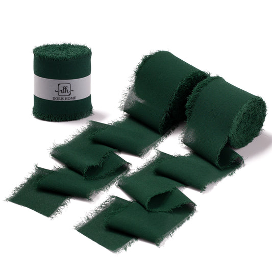 Handmade Fringe Chiffon Silk-Like Ribbon 2" x 7Yd Set of 3 Rolls Ribbons for Wedding Invitations, Bouquets, Gift Wrapping (3 Rolls Dark Green)