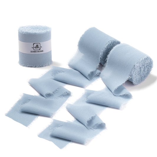 Handmade Fringe Chiffon Silk-Like Ribbon 2" x 7Yd Set of 3 Rolls Ribbons for Wedding Invitations, Bouquets, Gift Wrapping (3 Rolls Dusty Blue)