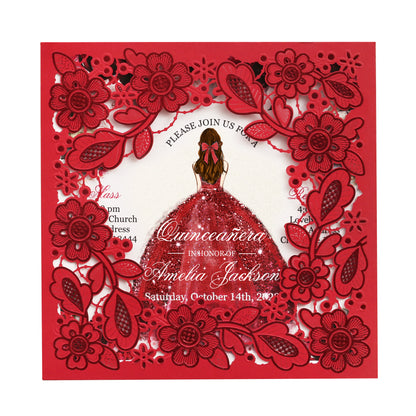 Customized Quinceanera Invitation Red, Elegant 15 years Invitations Sweet 16, Miss XV, Birthday Laser Cut Quince Invitation Cards Red Personalized