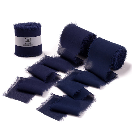 Handmade Fringe Chiffon Silk-Like Ribbon 2" x 7Yd Set of 3 Rolls Ribbons for Wedding Invitations, Bouquets, Gift Wrapping (3 Rolls Dark Navy Blue)