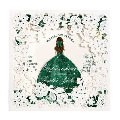 Customized Quinceanera Invitation Emerald Green, Elegant 15 years Invitations Sweet 16, Miss XV, Birthday Laser Cut Quince Invitation Cards White Personalized