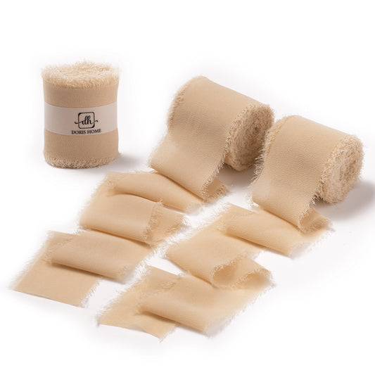 Handmade Fringe Chiffon Silk-Like Ribbon 2" x 7Yd Set of 3 Rolls Ribbons for Wedding Invitations, Bouquets, Gift Wrapping (3 Rolls Nude)