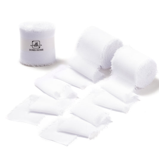 Handmade Fringe Chiffon Silk-Like Ribbon 2" x 7Yd Set of 3 Rolls Ribbons for Wedding Invitations, Bouquets, Gift Wrapping (3 Rolls White)