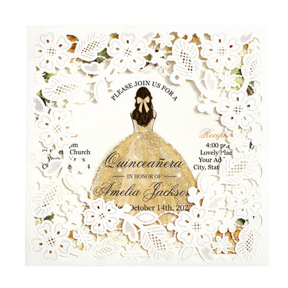 Customized Quinceanera Invitation Gold, Elegant 15 years Invitations Sweet 16, Miss XV, Birthday Laser Cut Quince Invitation Cards White Personalized
