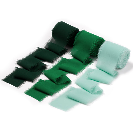 Handmade Fringe Chiffon Silk-Like Ribbon 2" x 7Yd Set of 3 Rolls Ribbons for Wedding Invitations, Bouquets, Gift Wrapping (3 Rolls Dark Green/Forest Green/Mint Green)