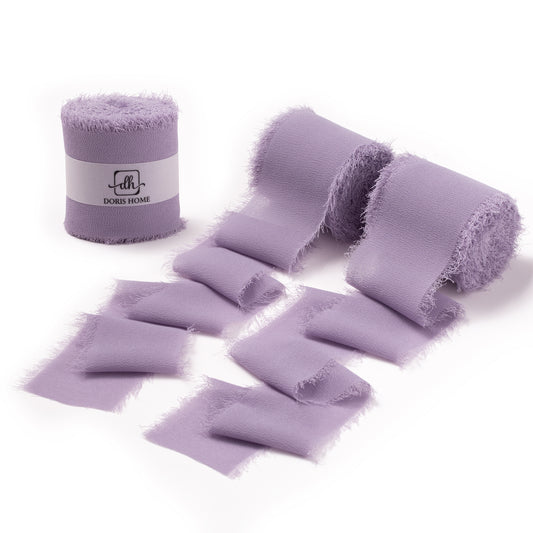 Handmade Fringe Chiffon Silk-Like Ribbon 2" x 7Yd Set of 3 Rolls Ribbons for Wedding Invitations, Bouquets, Gift Wrapping (3 Rolls Pastel Purple)