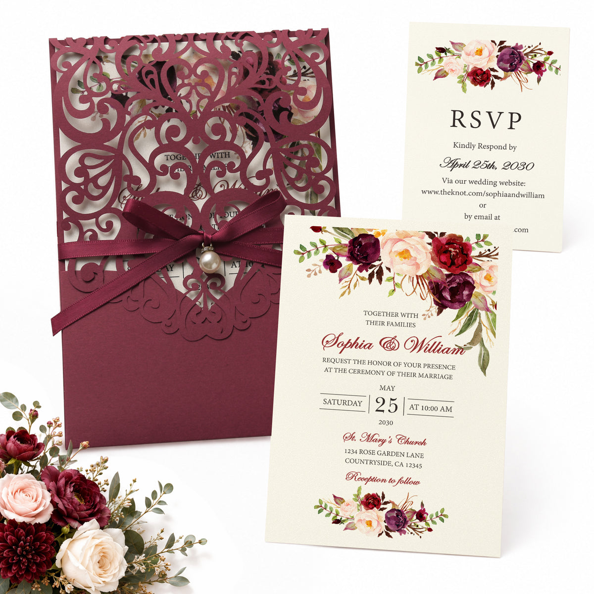 DreamBuilt Burgundy Floral Laser cut invitation cards with ribbon bellyb band and pearl for wedding
