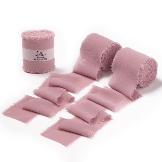 Handmade Fringe Chiffon Silk-Like Ribbon 2" x 7Yd Set of 3 Rolls Ribbons for Wedding Invitations, Bouquets, Gift Wrapping (3 Rolls Mauve)