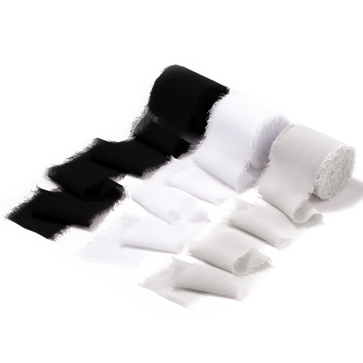 Handmade Fringe Chiffon Silk-Like Ribbon 2" x 7Yd Set of 3 Rolls Ribbons for Wedding Invitations, Bouquets, Gift Wrapping (3 Rolls Black/White/Light Grey)