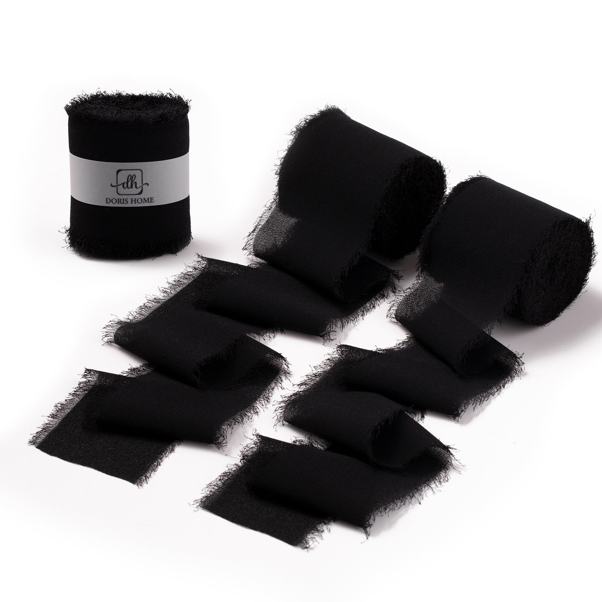 Handmade Fringe Chiffon Silk-Like Ribbon 2" x 7Yd Set of 3 Rolls Ribbons for Wedding Invitations, Bouquets, Gift Wrapping (3 Rolls Black)