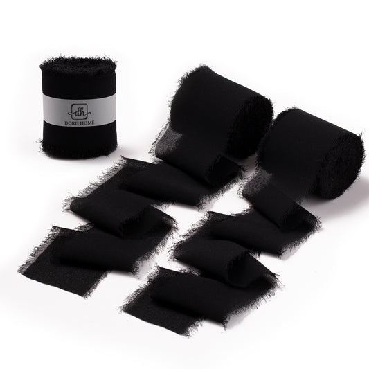Handmade Fringe Chiffon Silk-Like Ribbon 2" x 7Yd Set of 3 Rolls Ribbons for Wedding Invitations, Bouquets, Gift Wrapping (3 Rolls Black)