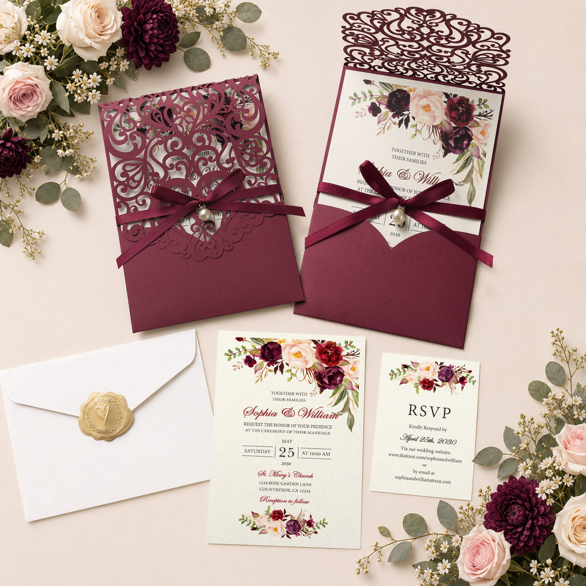 DreamBuilt Burgundy Floral Laser cut invitation cards with ribbon bellyb band and pearl for wedding
