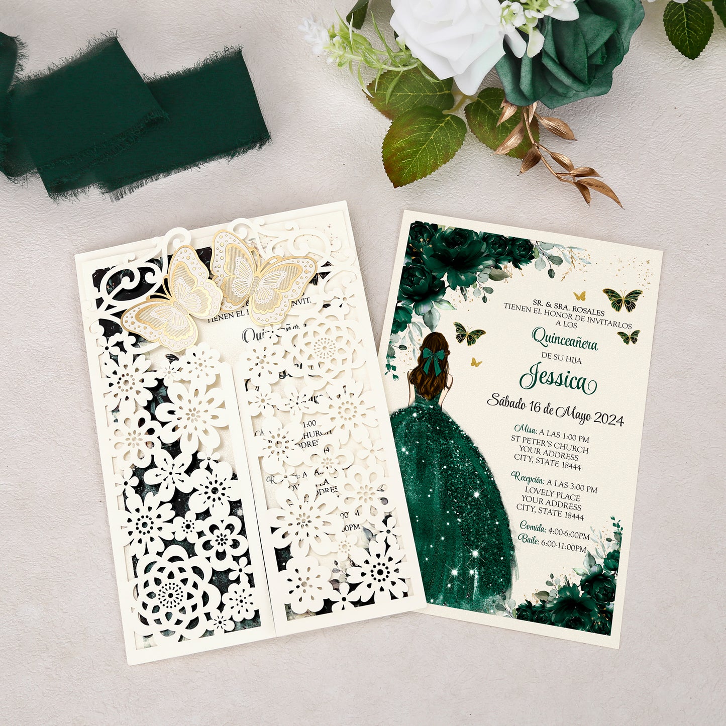 Butterfly Quinceanera Invitation Emerald Green for 15 year, Sweet 16, Miss XV, Birthday Laser Cut Quince Invitation Cards Personalized Ivory White