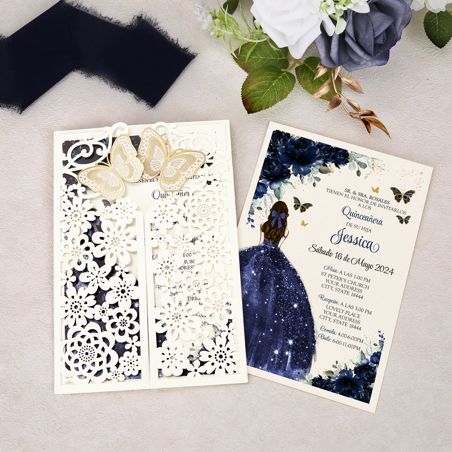 Butterfly Quinceanera Invitation Navy Blue for 15 year, Sweet 16, Miss XV, Birthday Laser Cut Quince Invitation Cards Personalized Ivory White