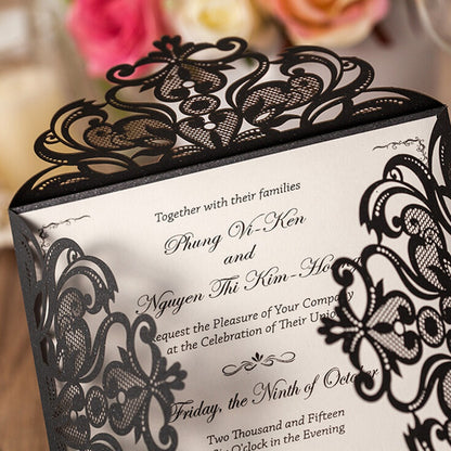 Square Black Lase-cut Lace Flower Pattern Wedding Invitations