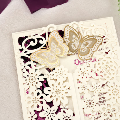 Butterfly Quinceanera Invitation Purple for 15 year, Sweet 16, Miss XV, Birthday Laser Cut Quince Invitation Cards Personalized Ivory White