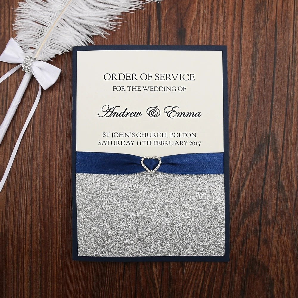 DreamBuilt 50pcs Blue Silver glitter wedding program booklet modern wedding stationery ceremony program modern Order of Service