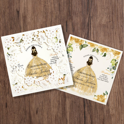 Customized Quinceanera Invitation Gold, Elegant 15 years Invitations Sweet 16, Miss XV, Birthday Laser Cut Quince Invitation Cards White Personalized
