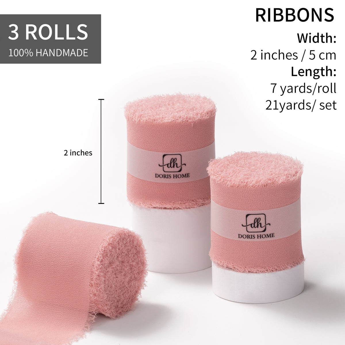 Handmade Fringe Chiffon Silk-Like Ribbon 2" x 7Yd Set of 3 Rolls Ribbons for Wedding Invitations, Bouquets, Gift Wrapping (3 Rolls Dusty Rose)