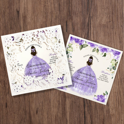 Customized Quinceanera Invitation Lavender, Elegant 15 years Invitations Sweet 16, Miss XV, Birthday Laser Cut Quince Invitation Cards White Personalized