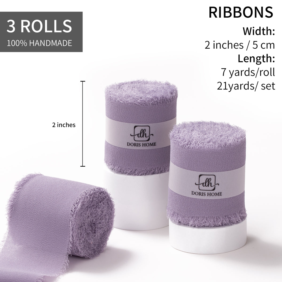 Handmade Fringe Chiffon Silk-Like Ribbon 2" x 7Yd Set of 3 Rolls Ribbons for Wedding Invitations, Bouquets, Gift Wrapping (3 Rolls Pastel Purple)