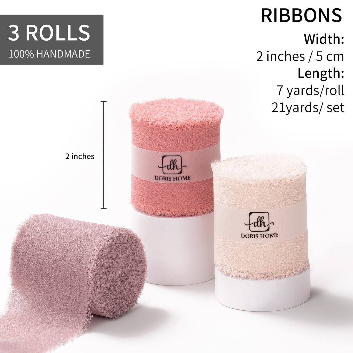 Handmade Fringe Chiffon Silk-Like Ribbon 2" x 7Yd Set of 3 Rolls Ribbons for Wedding Invitations, Bouquets, Gift Wrapping (3 Rolls Dusty Rose/Mauve/Pink)