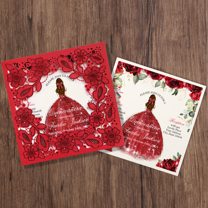 Customized Quinceanera Invitation Red, Elegant 15 years Invitations Sweet 16, Miss XV, Birthday Laser Cut Quince Invitation Cards Red Personalized