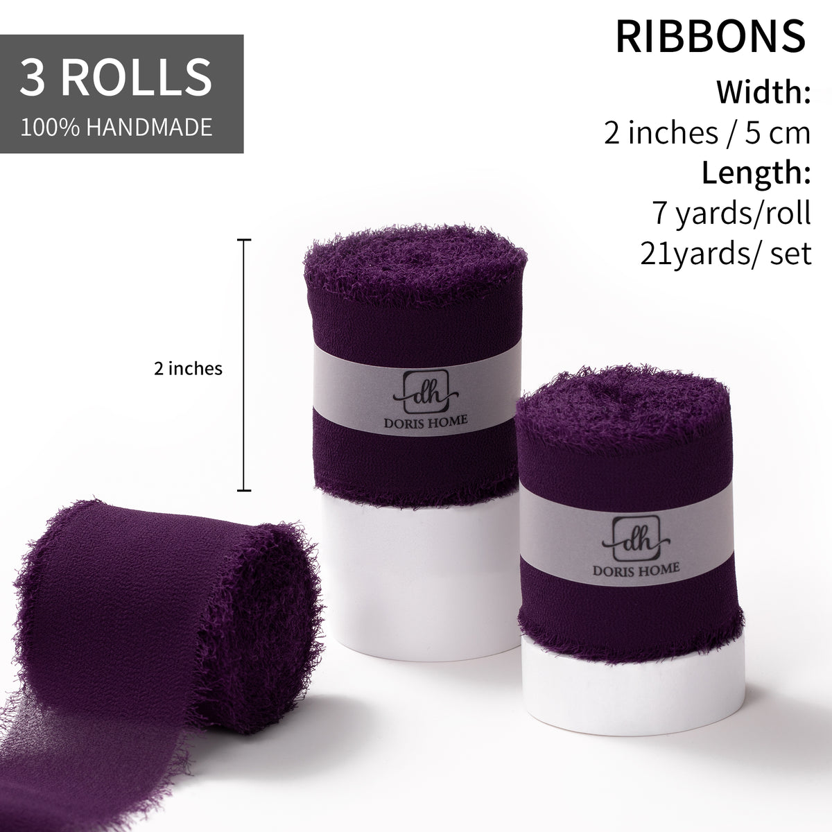 Handmade Fringe Chiffon Silk-Like Ribbon 2" x 7Yd Set of 3 Rolls Ribbons for Wedding Invitations, Bouquets, Gift Wrapping (3 Rolls Plum)