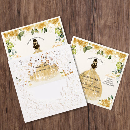 Customized Quinceanera Invitation Gold, Elegant 15 years Invitations Sweet 16, Miss XV, Birthday Laser Cut Quince Invitation Cards White Personalized